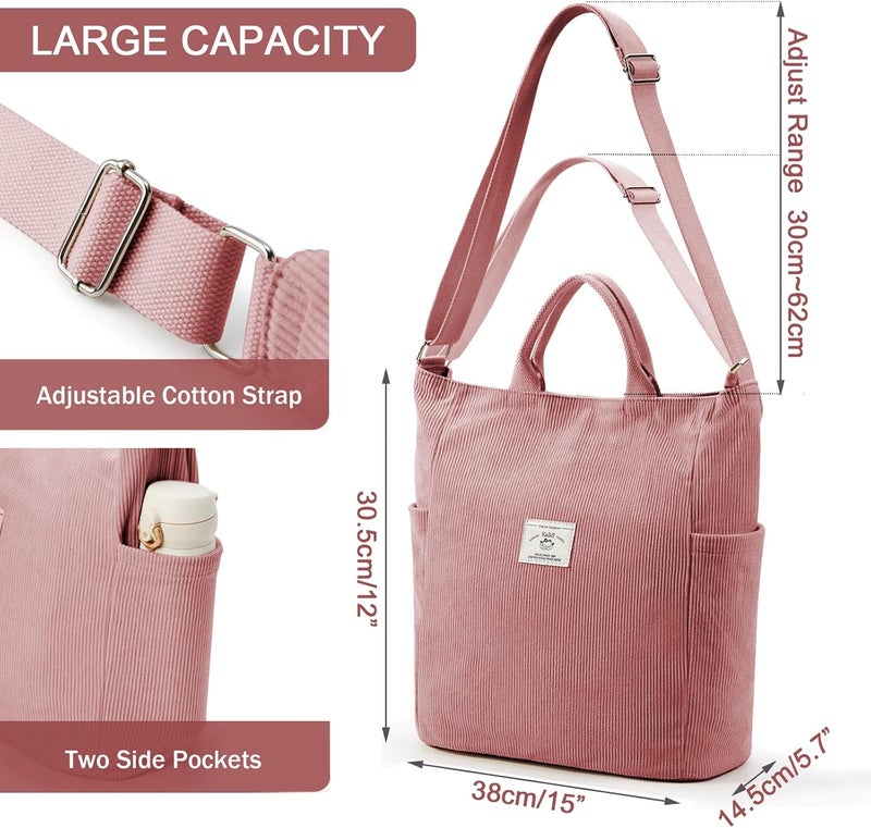 KALIDI Corduroy Tote Bag, Large Messenger Bag Shoulder Hobo Anti Splash Crossbody Zipper Bag Casual Work Shopping Women - Image 5
